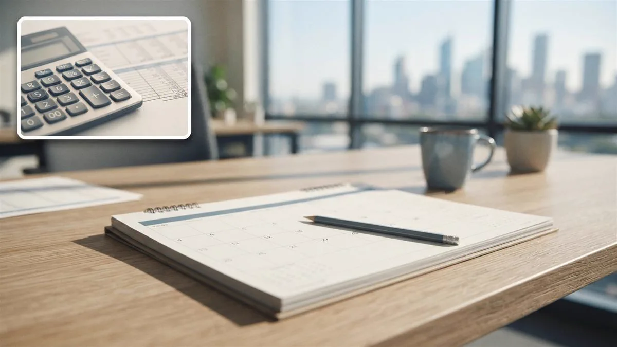 A desk calendar with the months of an Australian income year and a pencil resting on it